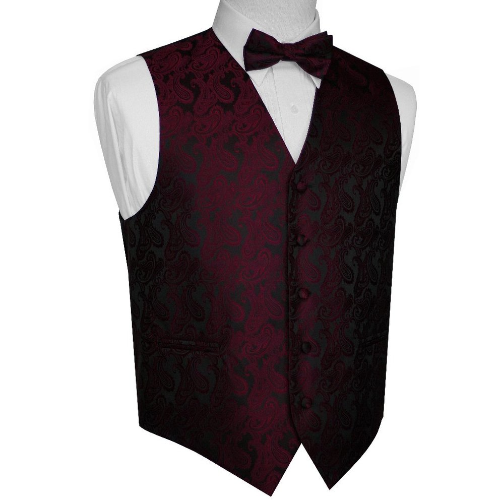 Men's Formal Wedding Prom Homecoming Tuxedo Vest Bow-Tie Hankie - Berry Paisley